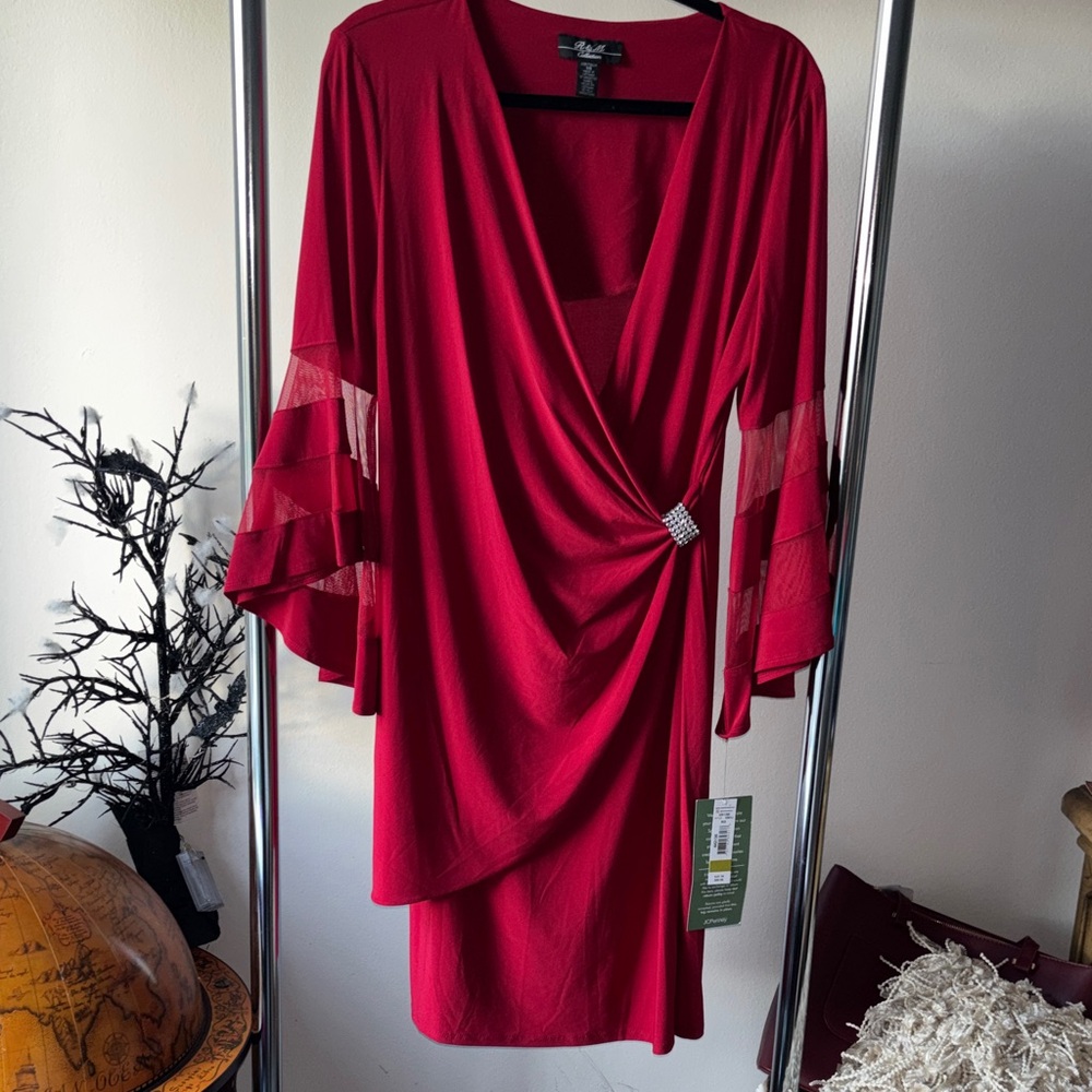 Chic Red Draped Long Sleeve Dress